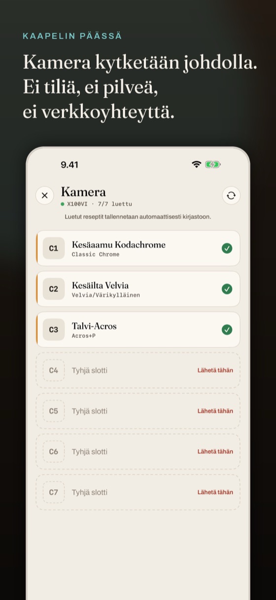 Kameran muistipaikat C1–C7 luettuna kirjastoon