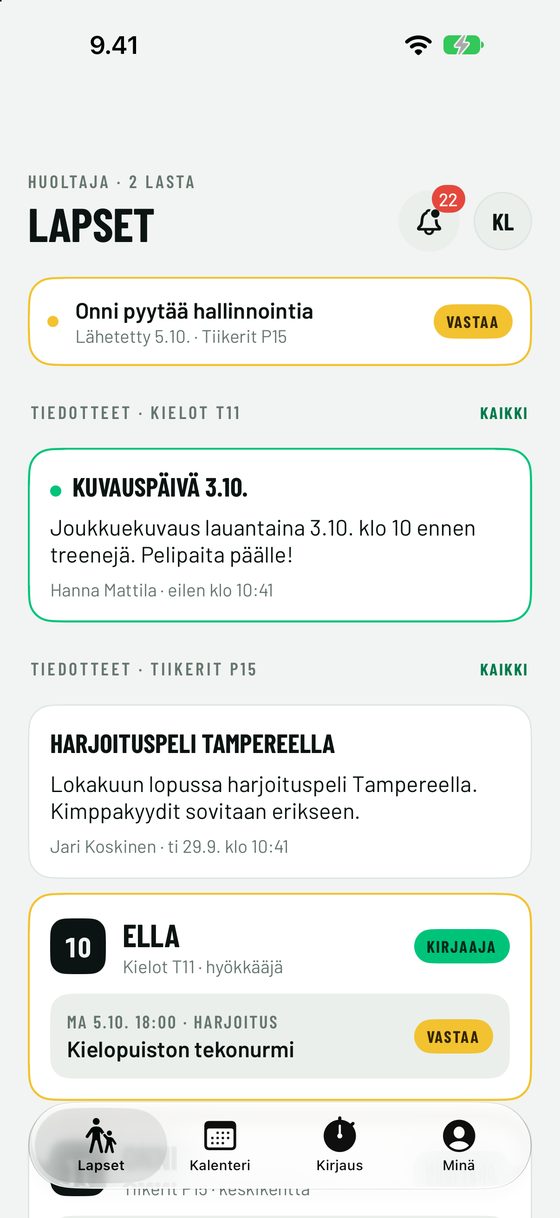 Huoltajan näkymä: lapset ja tiedotteet
