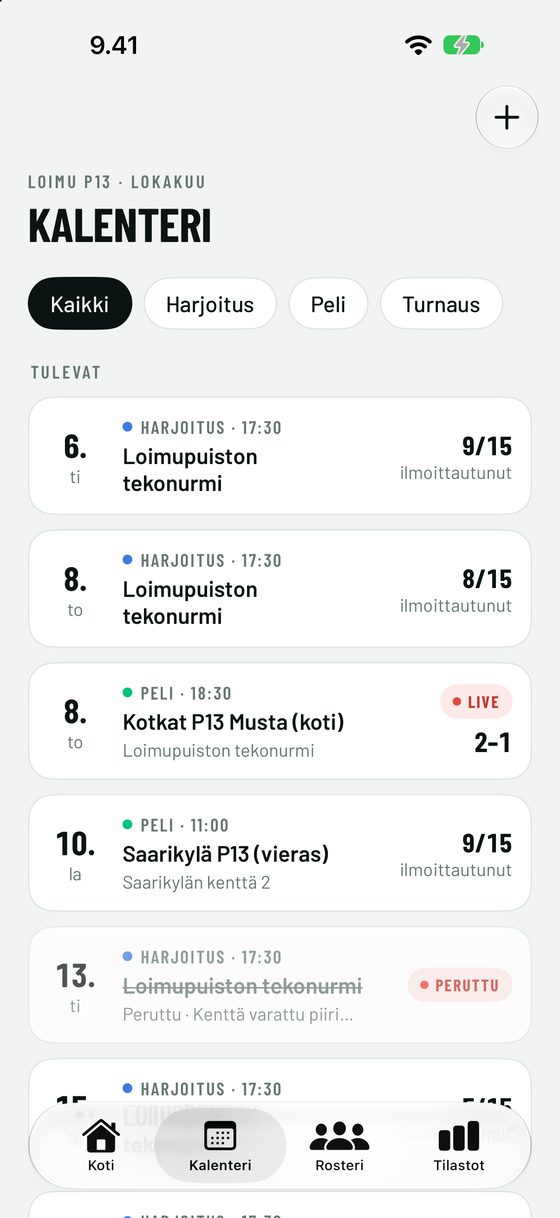 Joukkueen kalenteri ja ilmoittautumiset