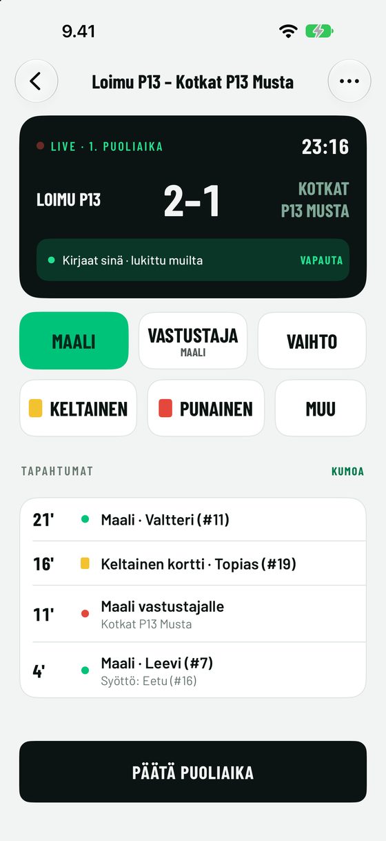 Live-kirjaus: tulostaulu, tapahtumanapit ja tapahtumalista