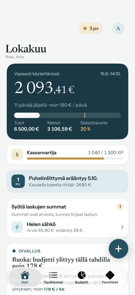 Koti: vapaasti käytettävissä ja päiväbudjetti